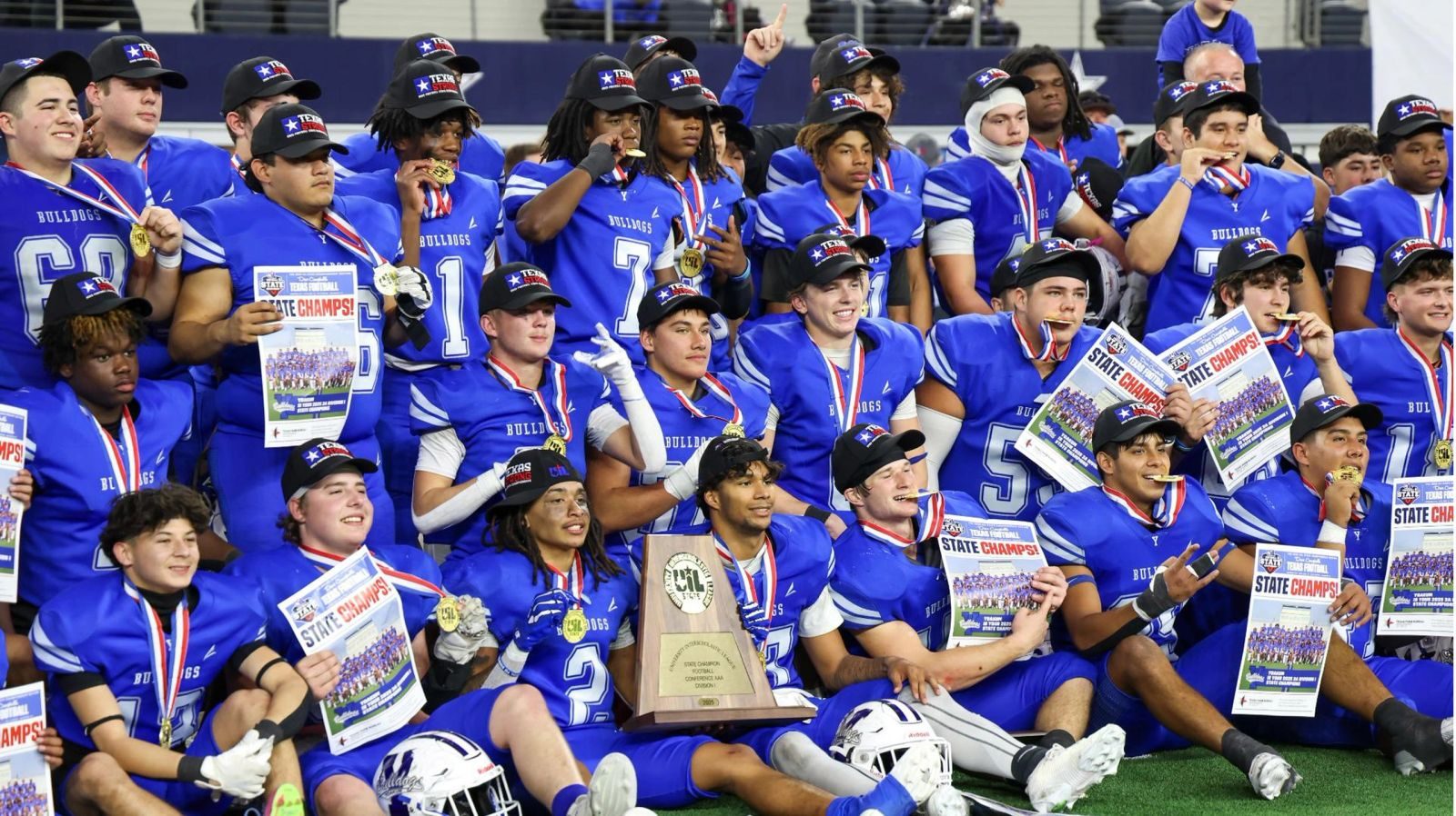 Yoakum Bulldogs team celebrating the state championship