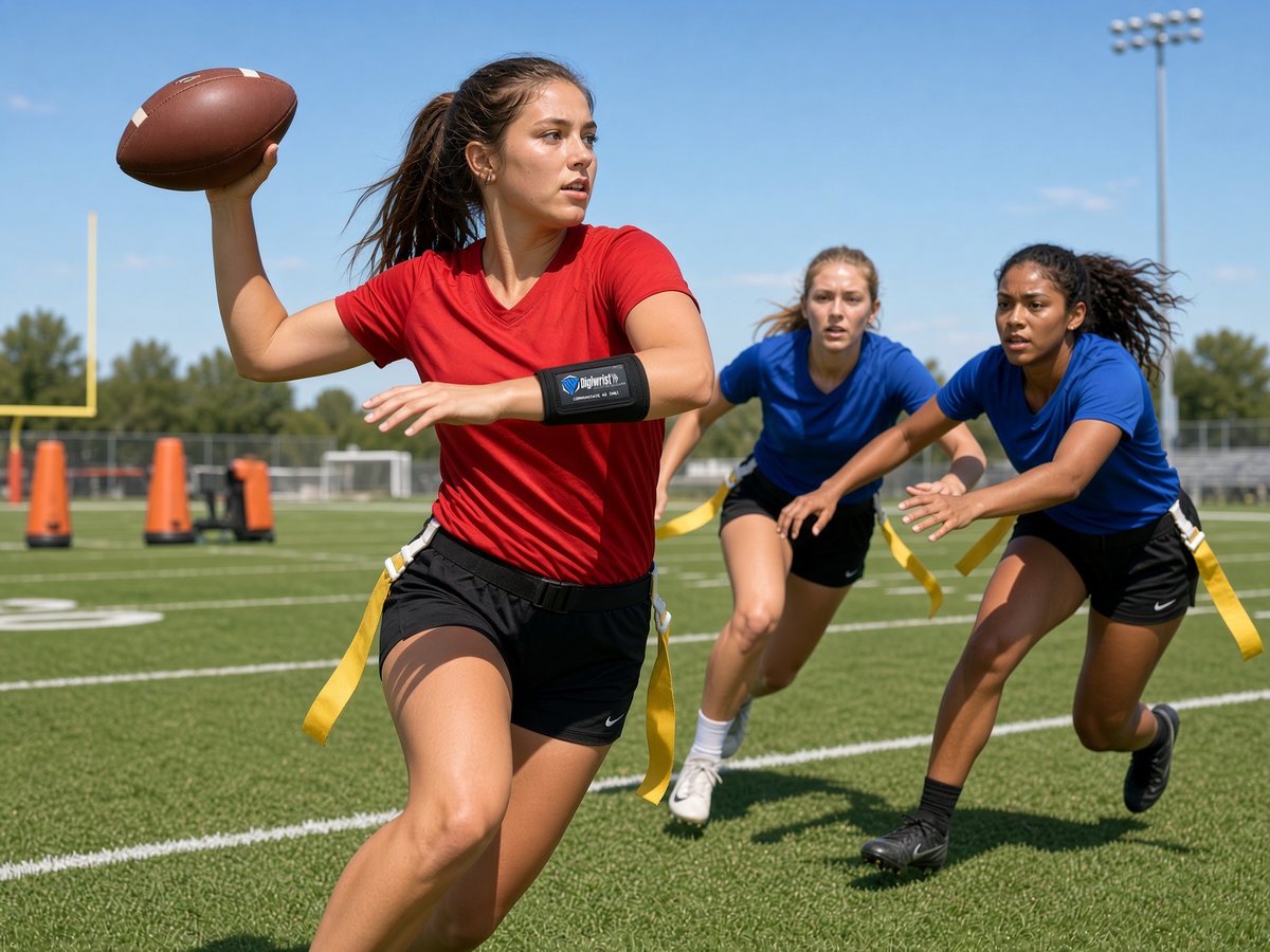 Flag football quarterback throwing under pressure, DigiWrist receiver on her forearm