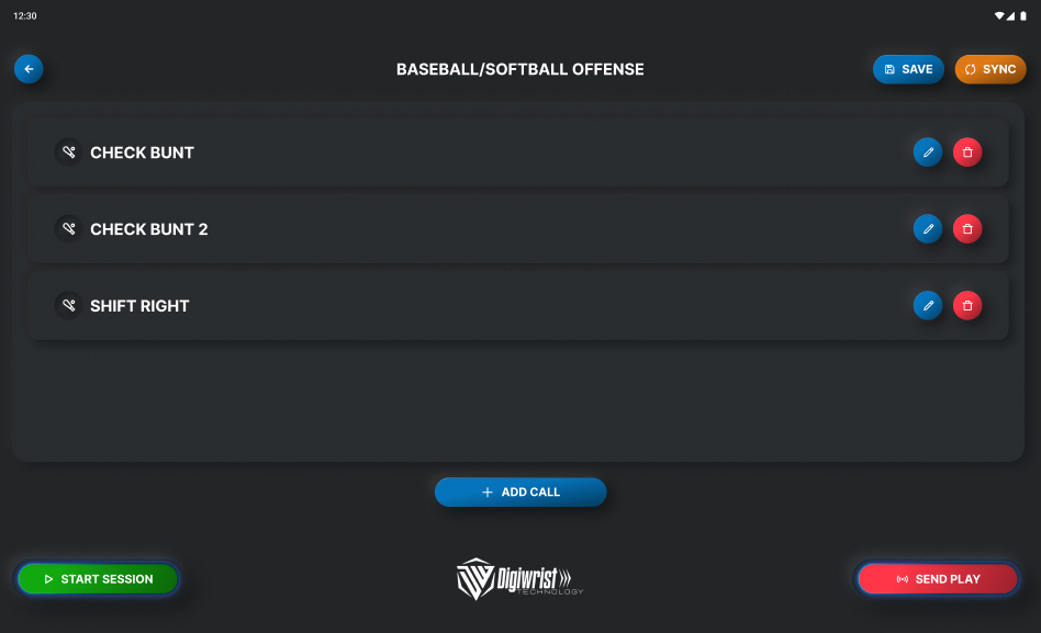 Digiwrist tablet app: play-call list