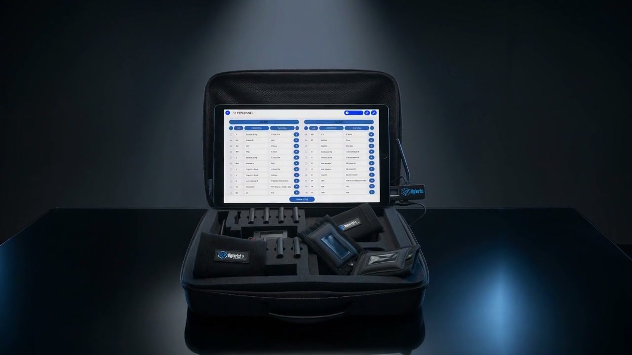 The full DigiWrist kit open in its case: coach tablet, encrypted transmitter, wrist receivers and armbands